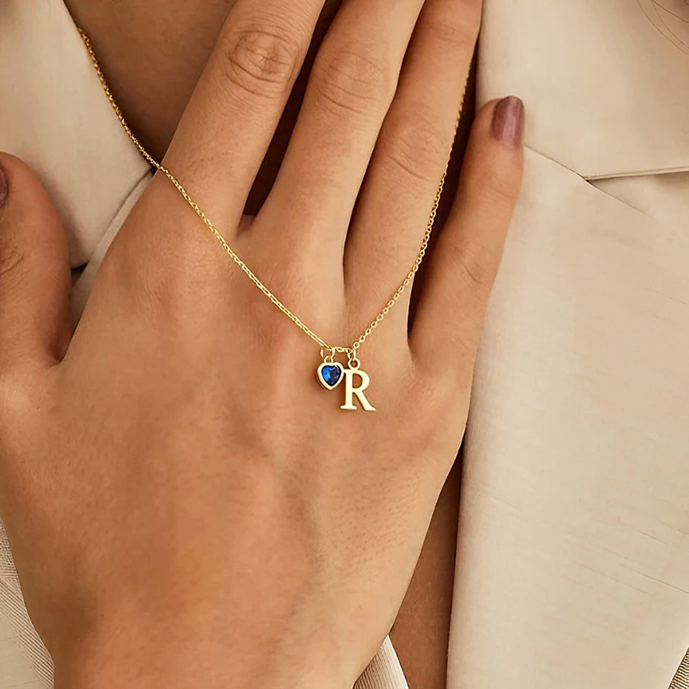 Custom Heart Birthstone & Initial Necklace – Personalized Gift for Her