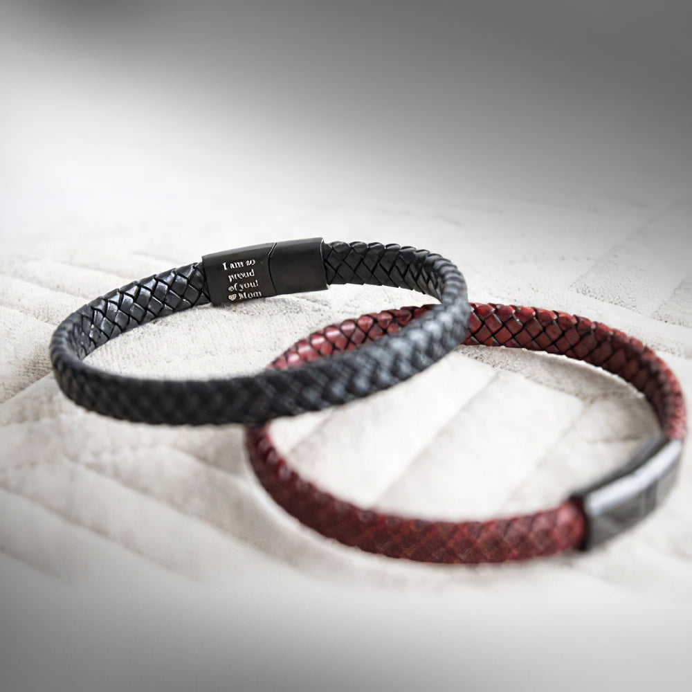 Men’s Braided Leather Bracelet – Custom Engraved Message