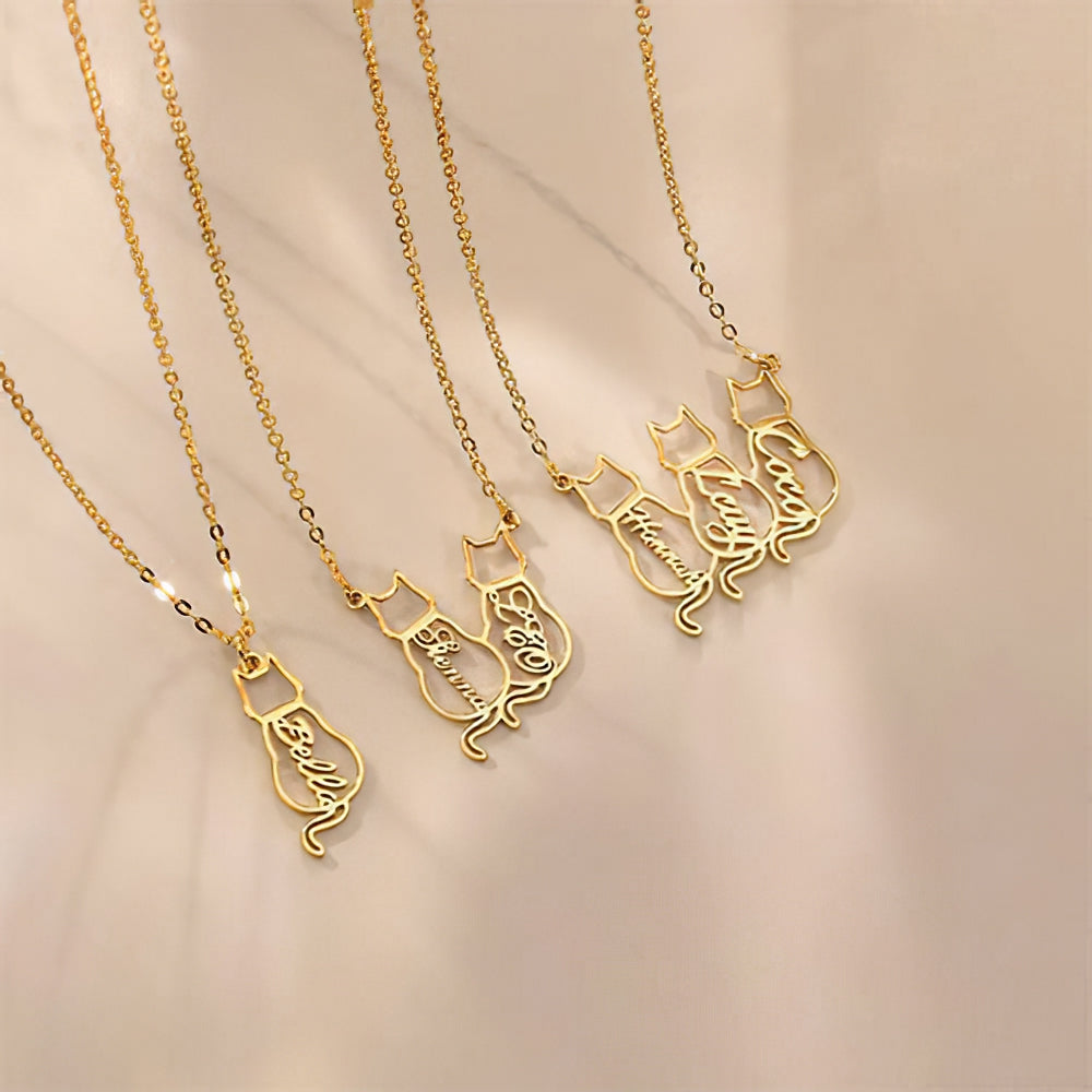 Personalized Cat Name Necklace – Custom Cat Silhouette Pendant