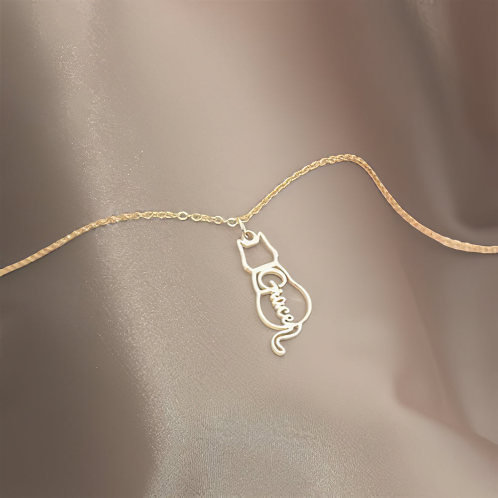 Personalized Cat Name Necklace – Custom Cat Silhouette Pendant