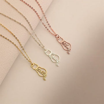 Personalized Cat Name Necklace – Custom Cat Silhouette Pendant