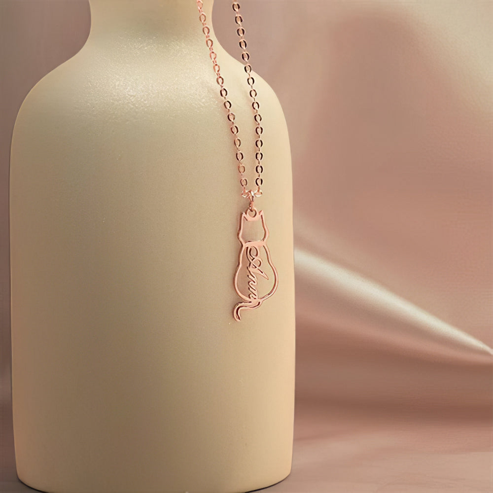 Personalized Cat Name Necklace – Custom Cat Silhouette Pendant