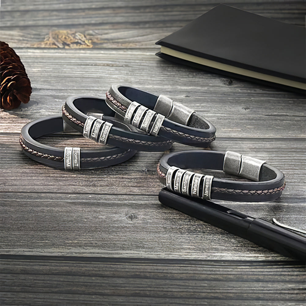 Custom Engraved Leather Bracelet – Bracelet For Dad With Kids Name