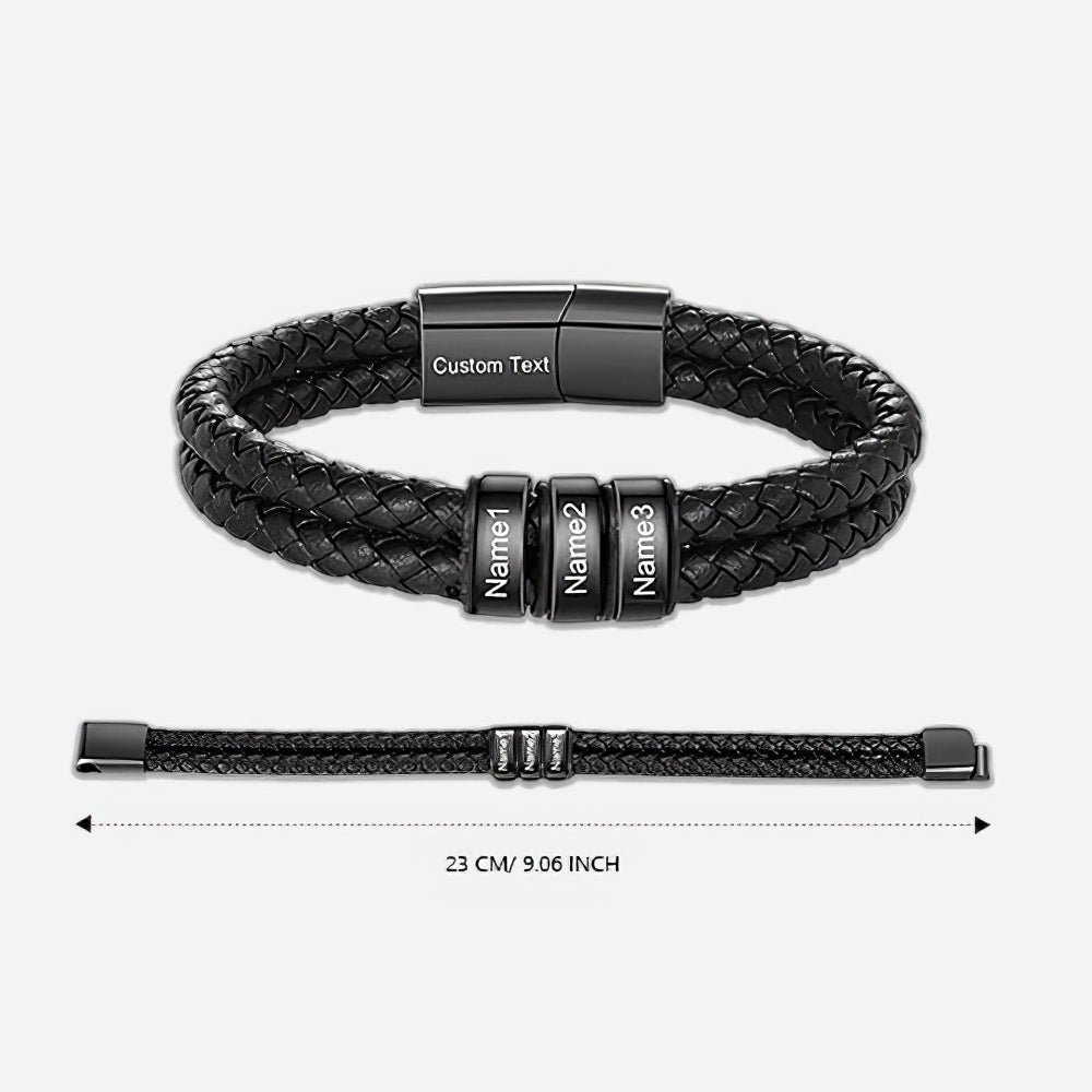 Custom Engraved Men’s Braided Leather Bracelet – Personalized Name Beads