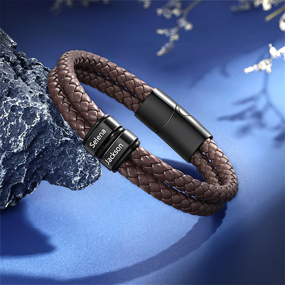 Custom Engraved Men’s Braided Leather Bracelet – Personalized Name Beads