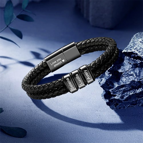Custom Engraved Men’s Braided Leather Bracelet – Personalized Name Beads