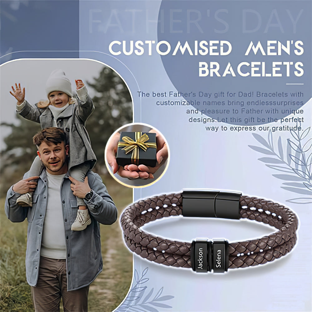Custom Engraved Men’s Braided Leather Bracelet – Personalized Name Beads