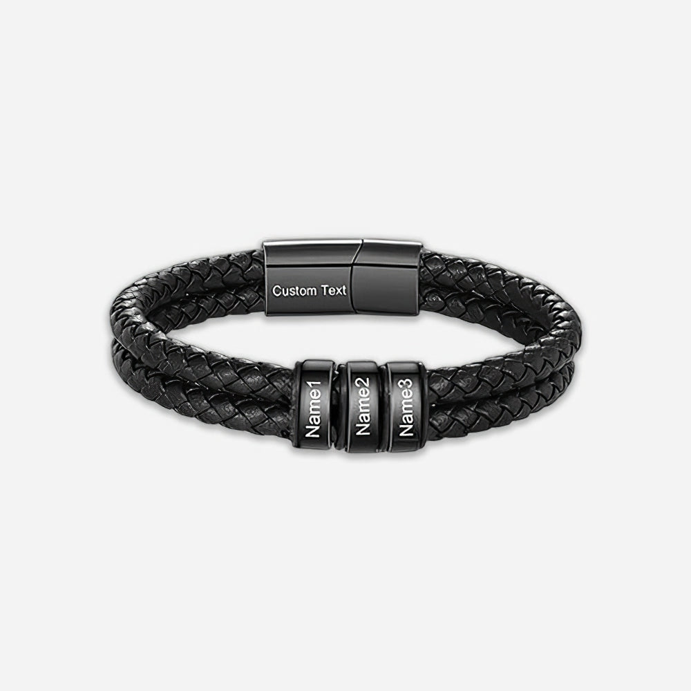Custom Engraved Men’s Braided Leather Bracelet – Personalized Name Beads