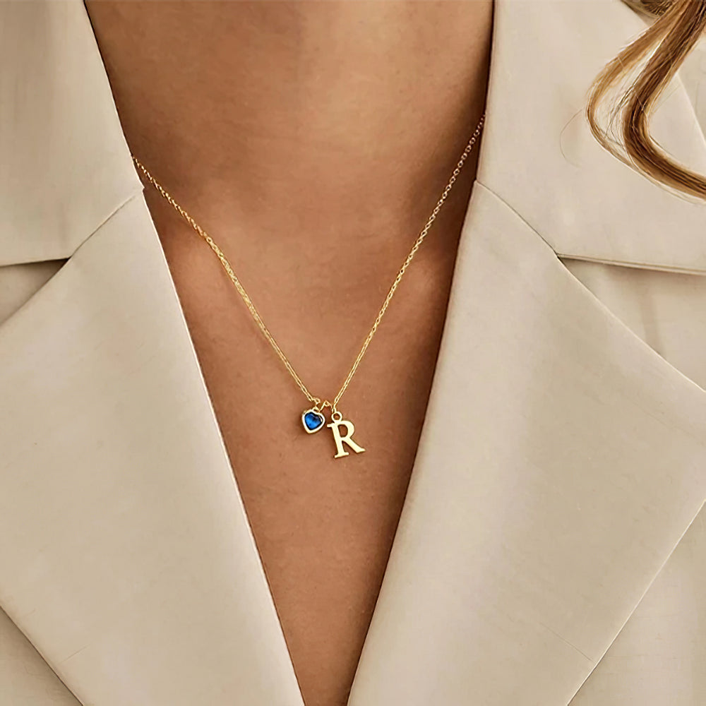 Custom Heart Birthstone & Initial Necklace – Personalized Gift for Her