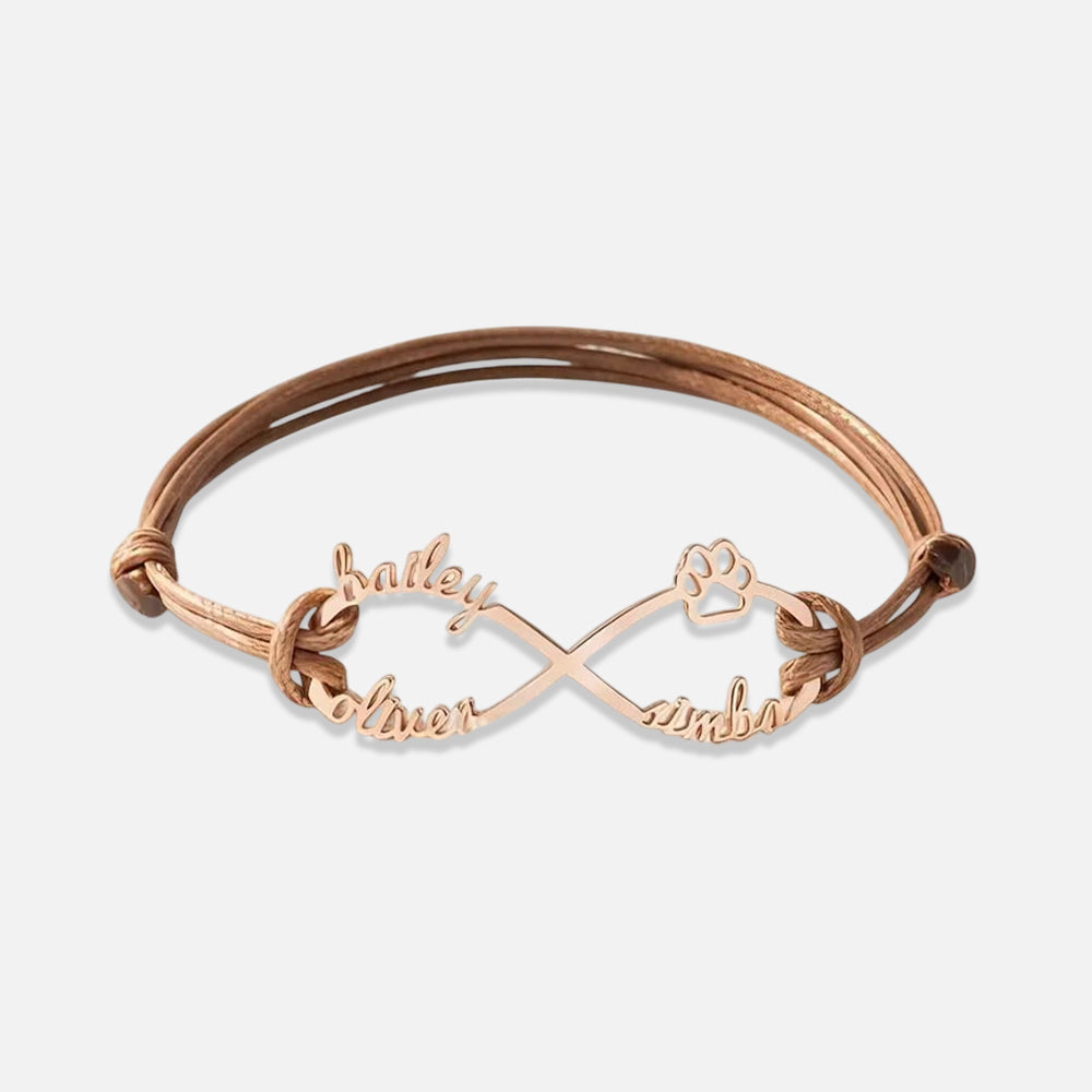 Infinity Leather Bracelet with Custom Pet Names – Dog & Cat Lovers Gift
