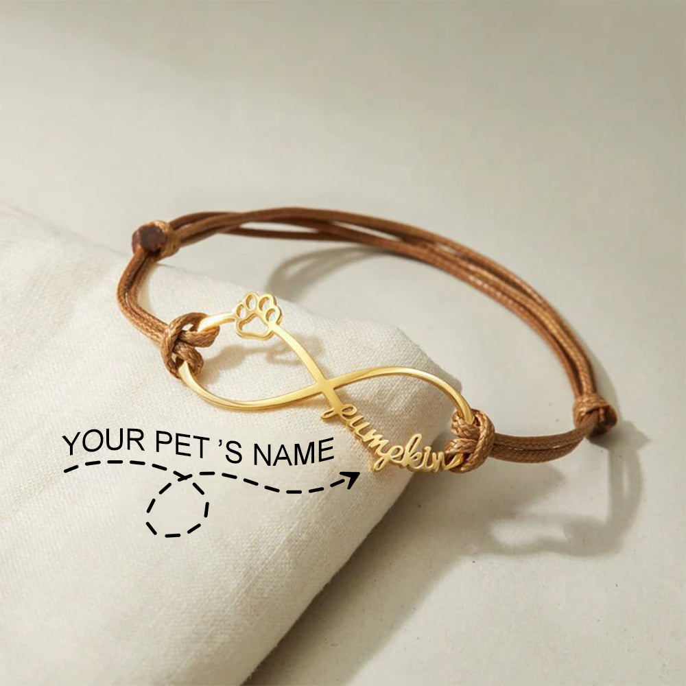 Infinity Leather Bracelet with Custom Pet Names – Dog & Cat Lovers Gift