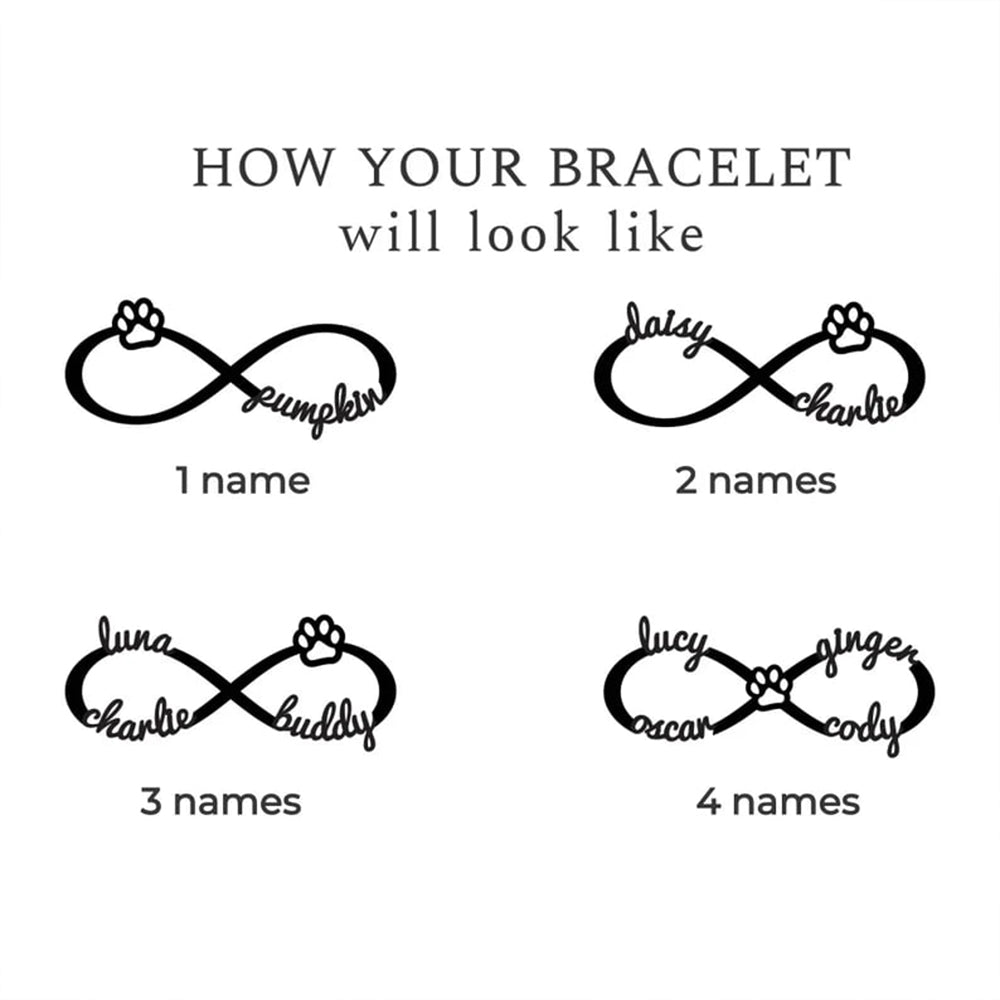 Infinity Leather Bracelet with Custom Pet Names – Dog & Cat Lovers Gift