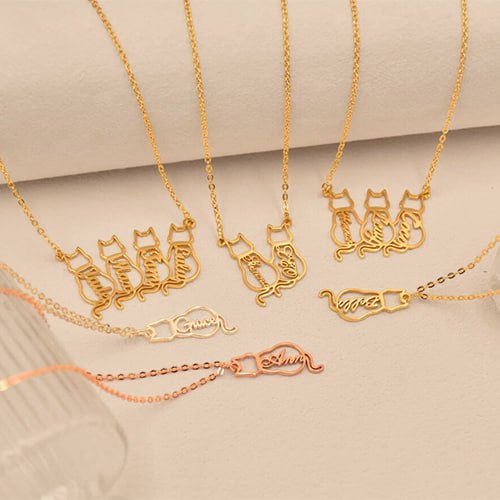 Personalized Cat Name Necklace – Custom Cat Silhouette Pendant