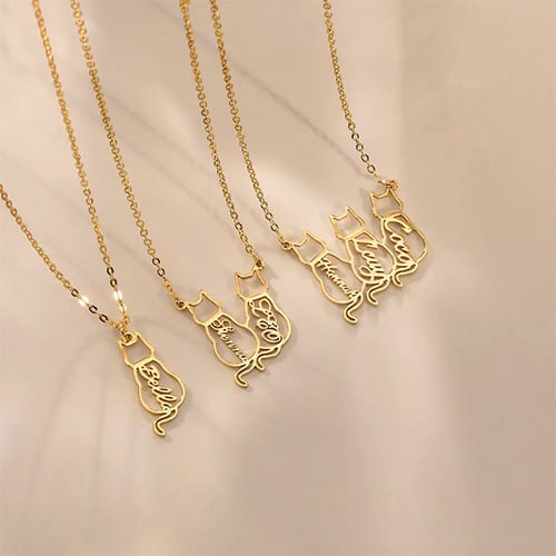 Personalized Cat Name Necklace – Custom Cat Silhouette Pendant