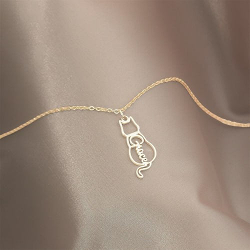 Personalized Cat Name Necklace – Custom Cat Silhouette Pendant