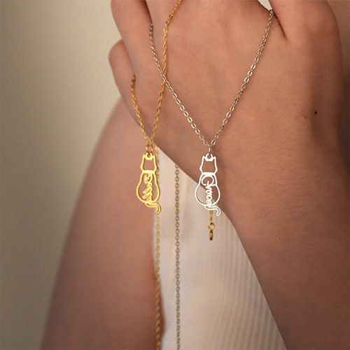 Personalized Cat Name Necklace – Custom Cat Silhouette Pendant