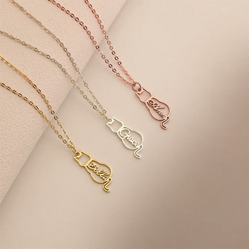 Personalized Cat Name Necklace – Custom Cat Silhouette Pendant