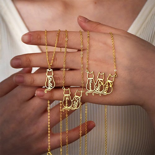 Personalized Cat Name Necklace – Custom Cat Silhouette Pendant
